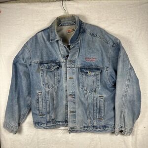Vintage WHOA Apparel Jacket Men XL Embossed Blue Denim Thrashed
